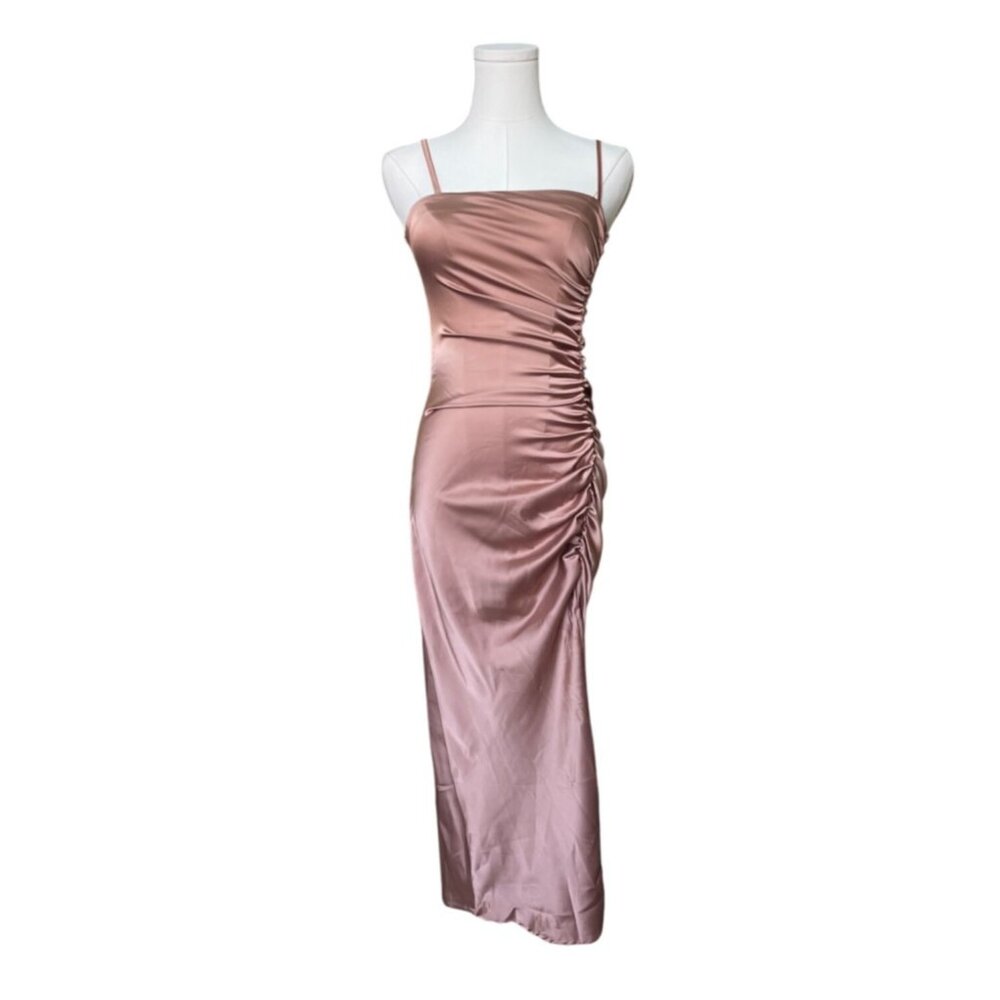 Cider Y2K Satin Slip Midi Dress XS NWT Bodycon‎ Mocha Mousse Square Neckline